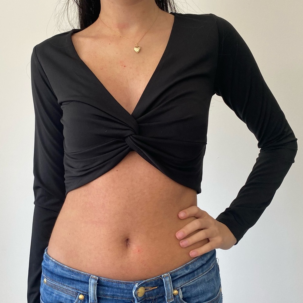BLACK CROP TWIST TIE LONG SLEEVE TOP / SIZE S *